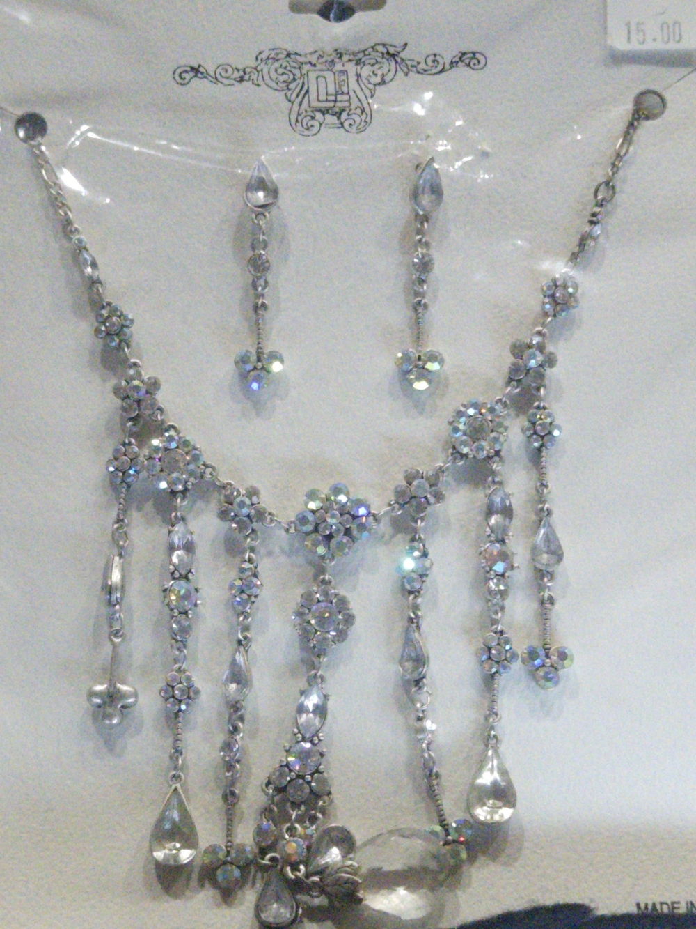Vintage DL Clear Crystal AB Rhinestone Fringe Jewelry Set Necklace Earrings
